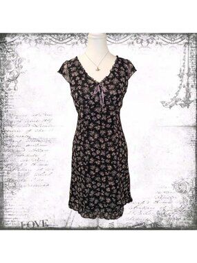 Vintage Y2K Black Floral Chiffon Fairy Grunge Coquette Tie Front Midi Dress